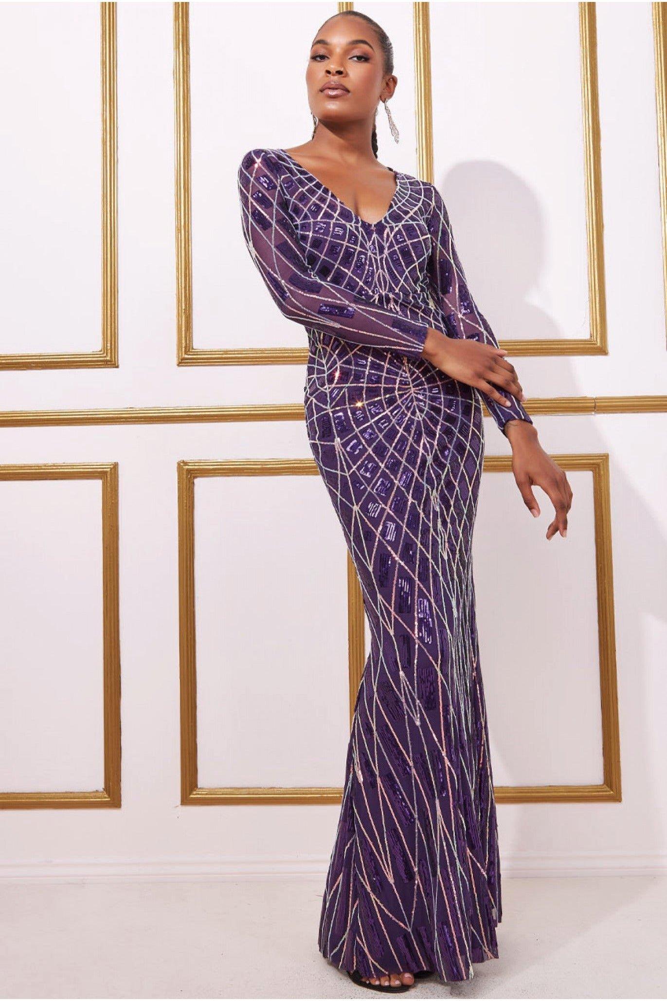 Платье макси с длинными рукавами и пайетками Geo Goddiva, фиолетовый женское вечернее платье на бретелях спагетти сексуальное трапециевидное платье с открытой спиной и глубоким v образным вырезом для выпуск