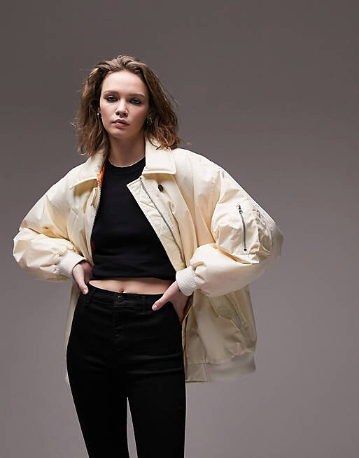

Кремовый бомбер с объемным воротником Topshop, Бежевый
