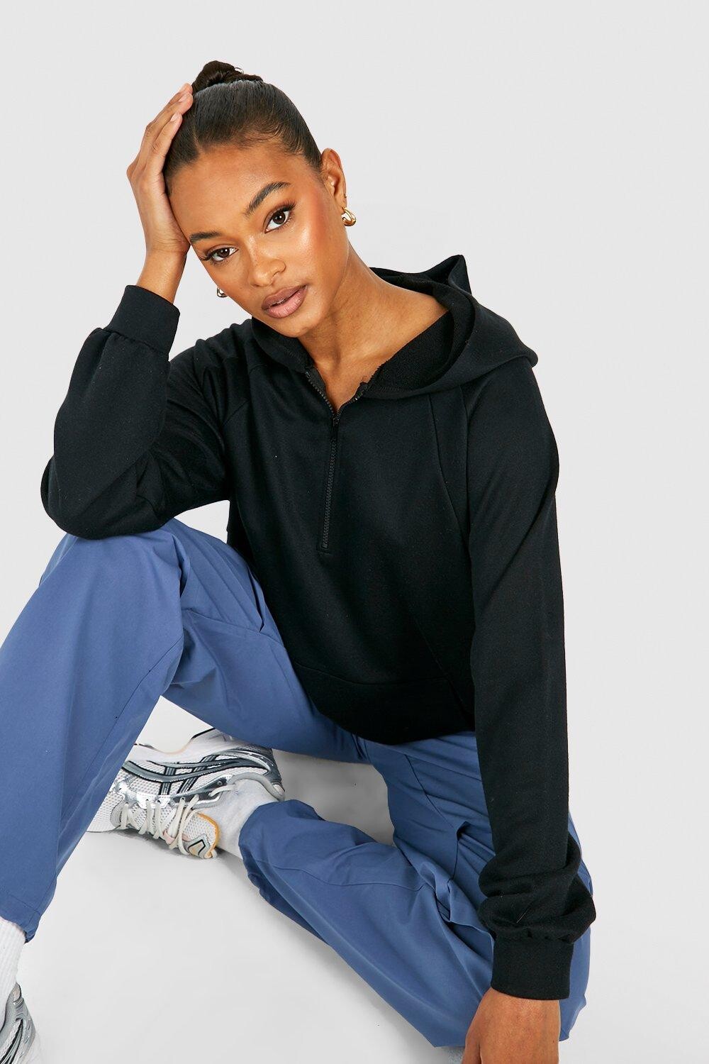 

Свитшот с капюшоном на половинной молнии реглан Boohoo, черный