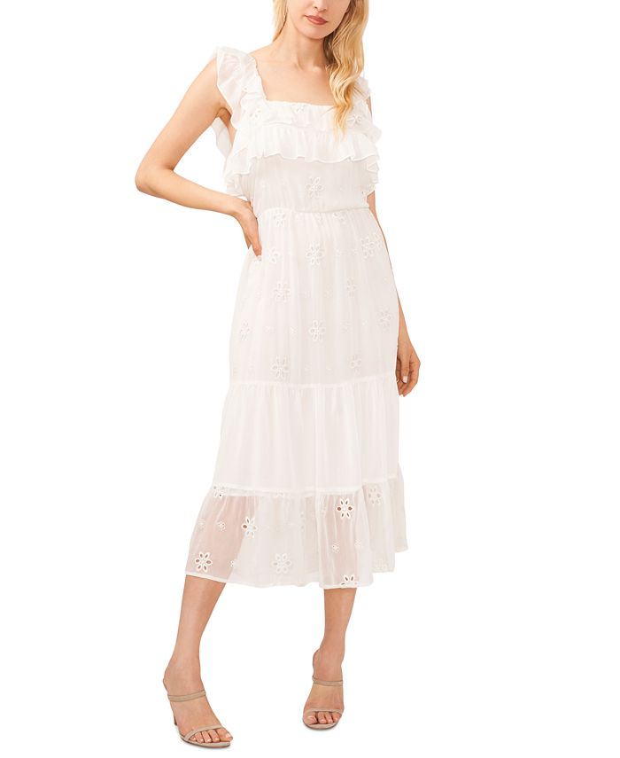 Женское платье с квадратным вырезом и двойными рюшами и люверсами CeCe, белый платье одевайте идэн