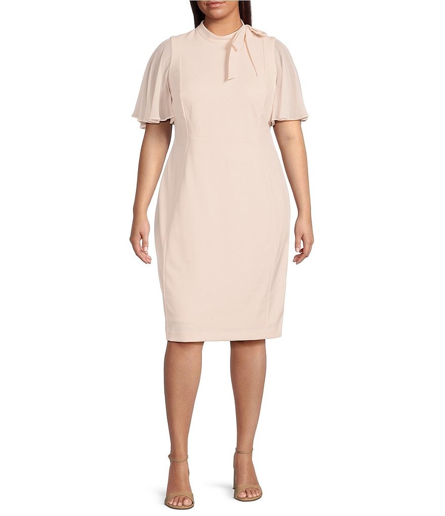 Платье-футляр из крепа Calvin Klein размера плюс с короткими рукавами и бантом, украшенное аквалангом, розовый