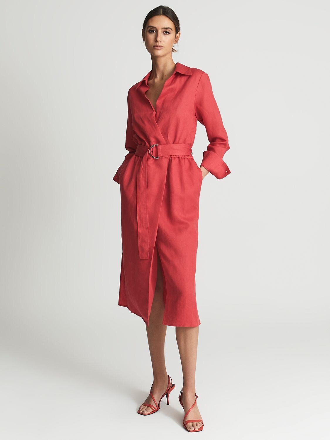 

Платье-рубашка миди Reiss Emily из смесового льна, коралловый