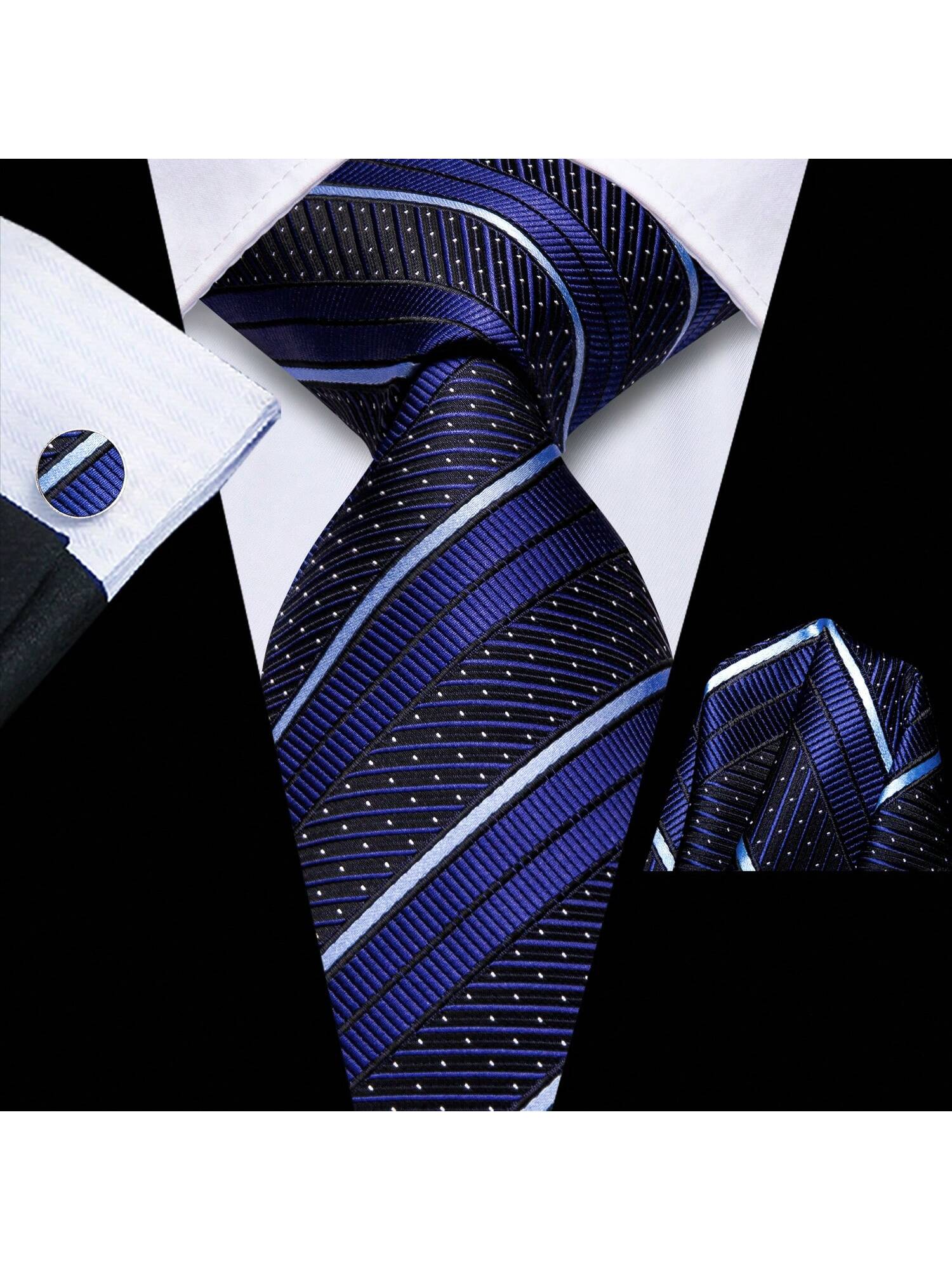 Шелковый мужской галстук Hi-Tie, темно-синий запонки красный
