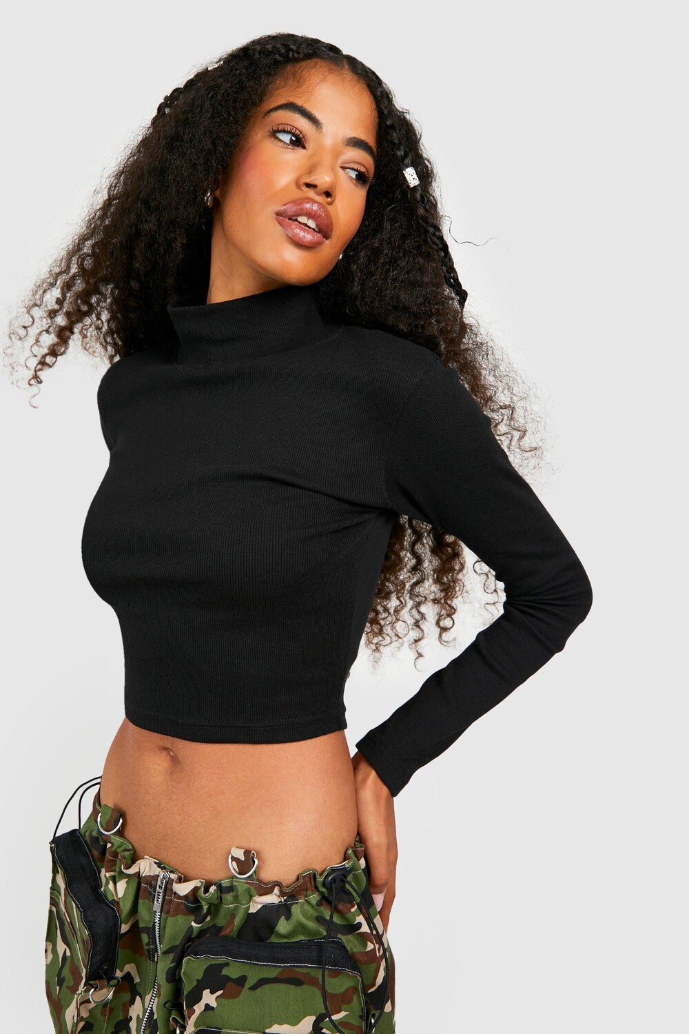 

Топ с высоким воротом и длинными рукавами basic rib Boohoo, черный