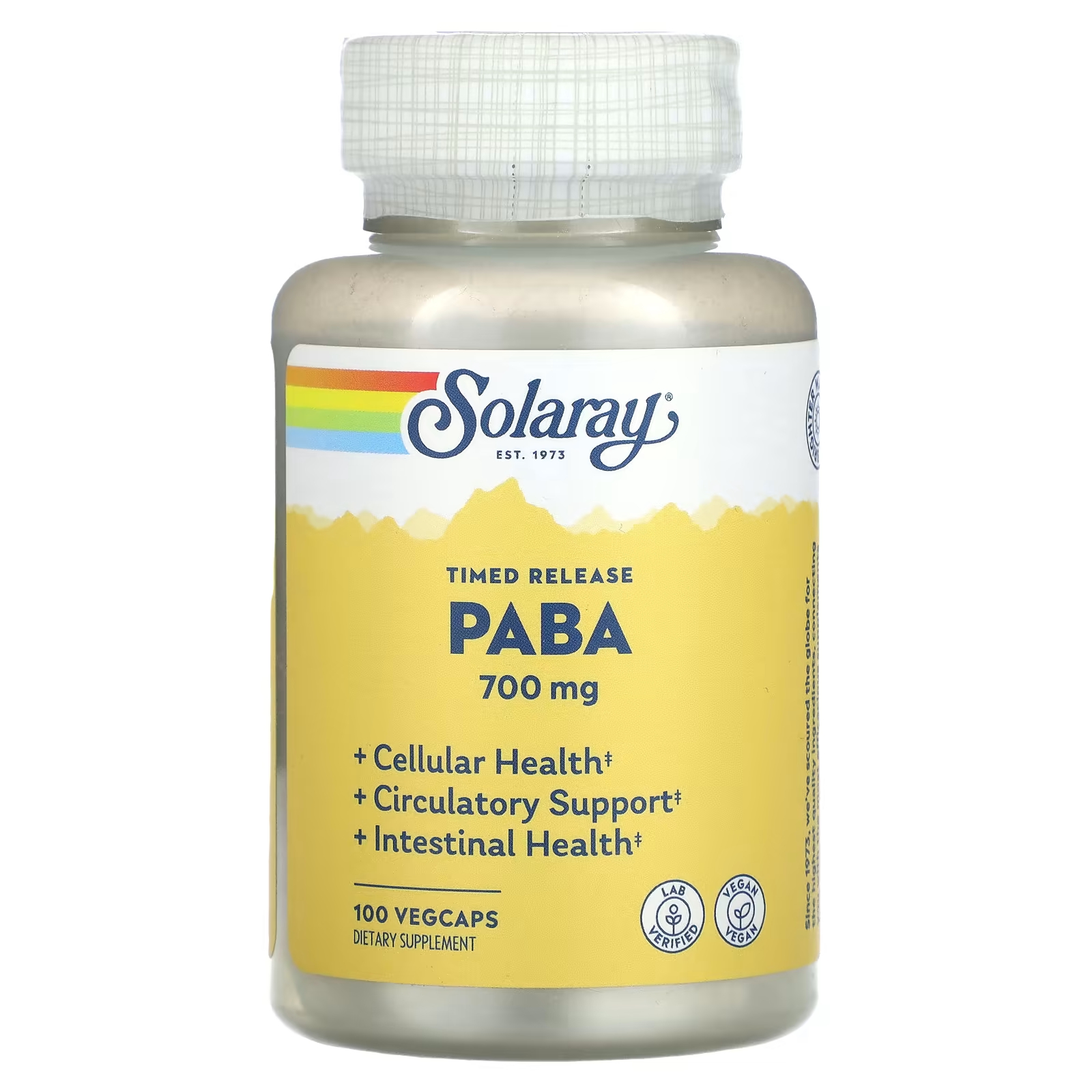 Solaray ПАБК с замедленным высвобождением 700 мг 100 растительных капсул пара аминобензойная кислота пабк с замедленным высвобождением country life 1000 мг 60 таблеток