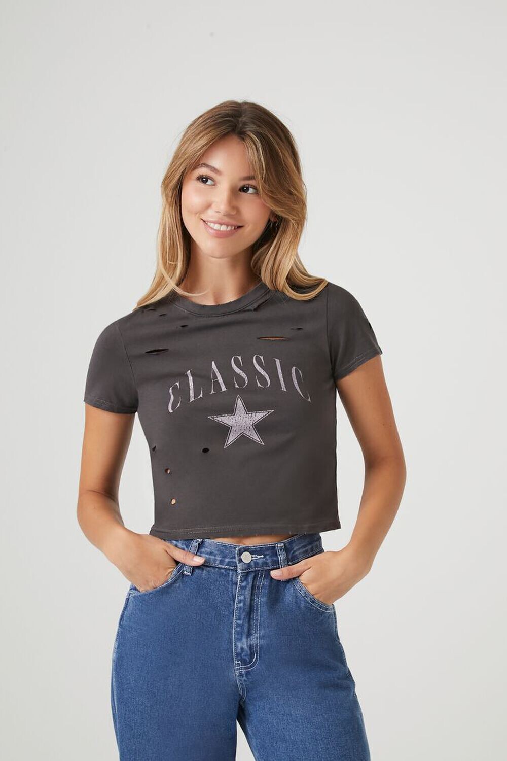 

Укороченная футболка с классическим рисунком и потертостями Forever 21, угольный