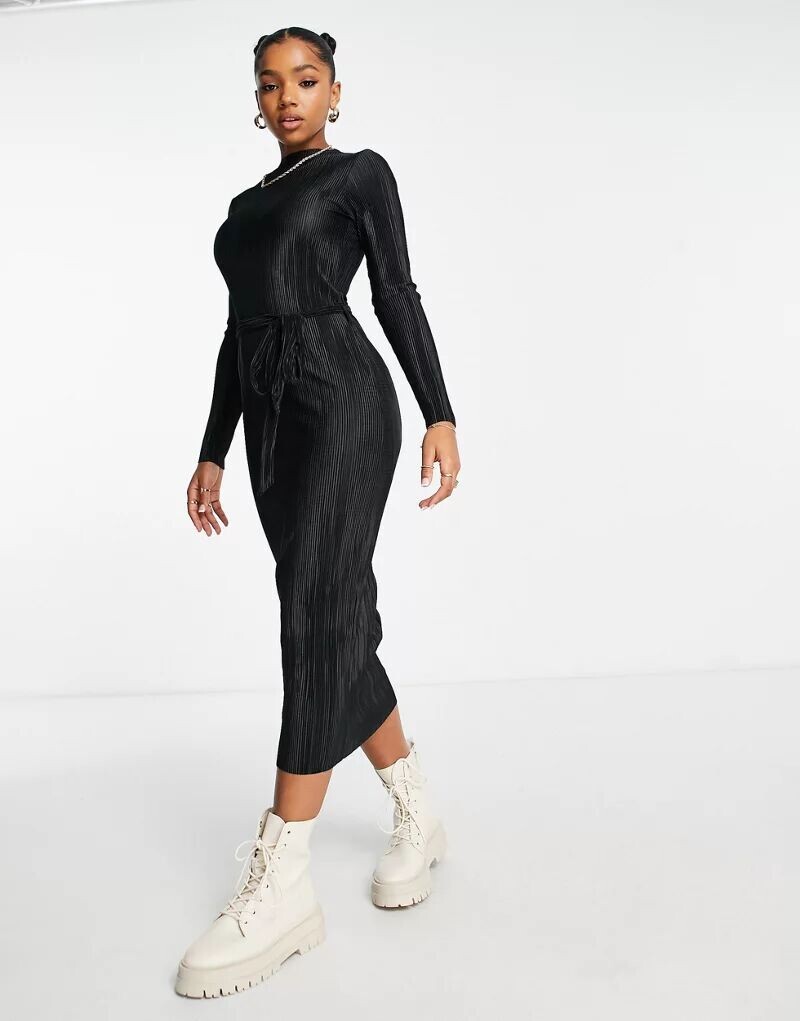 

Черное плиссированное платье миди с длинными рукавами и поясом New Look