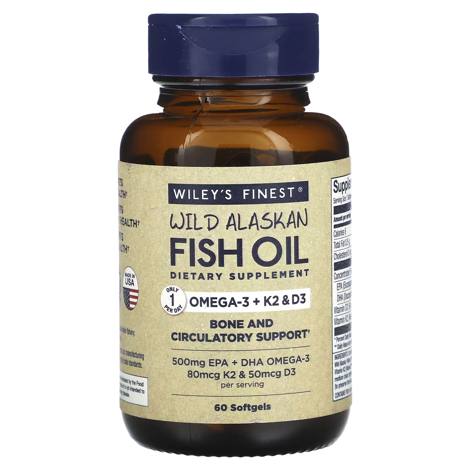 Пищевая добавка Wiley's Finest Wild Alaskan Fish Oil Omega-3 + K2 & D3, 60 таблеток