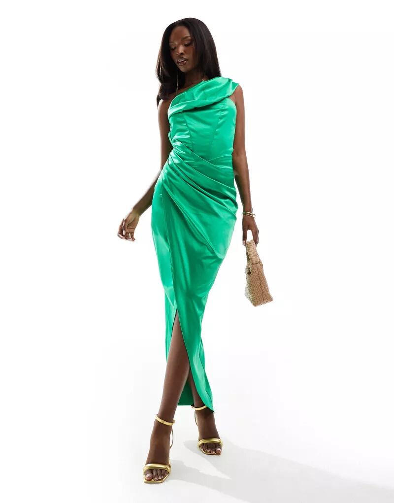 Зеленое атласное платье макси на одно плечо со сборками Jaded Rose