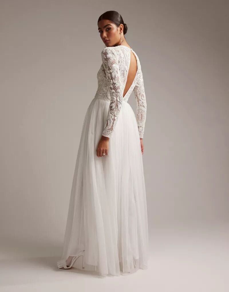 

Свадебное платье с длинными рукавами и лифом, расшитым бисером, ASOS Elizabeth, Серый
