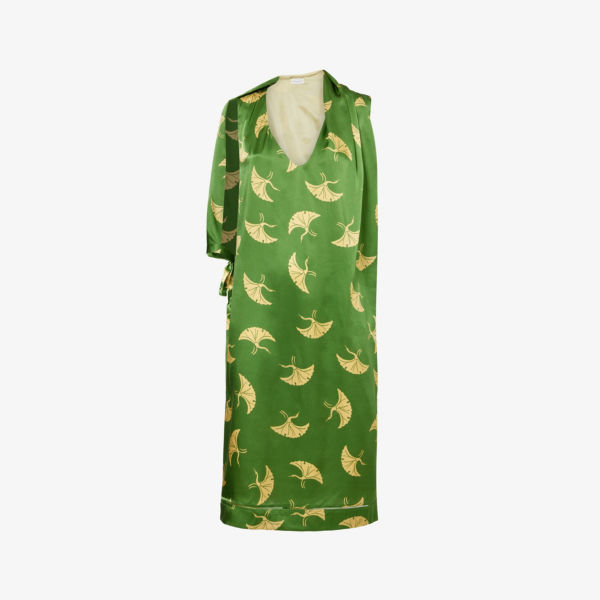 цена Шелковое платье миди свободного кроя с принтом crane bird и v-образным вырезом Dries Van Noten, зеленый
