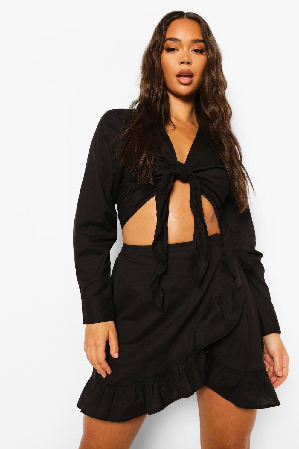 

Мини-юбка из хлопка с рубками Boohoo, черный