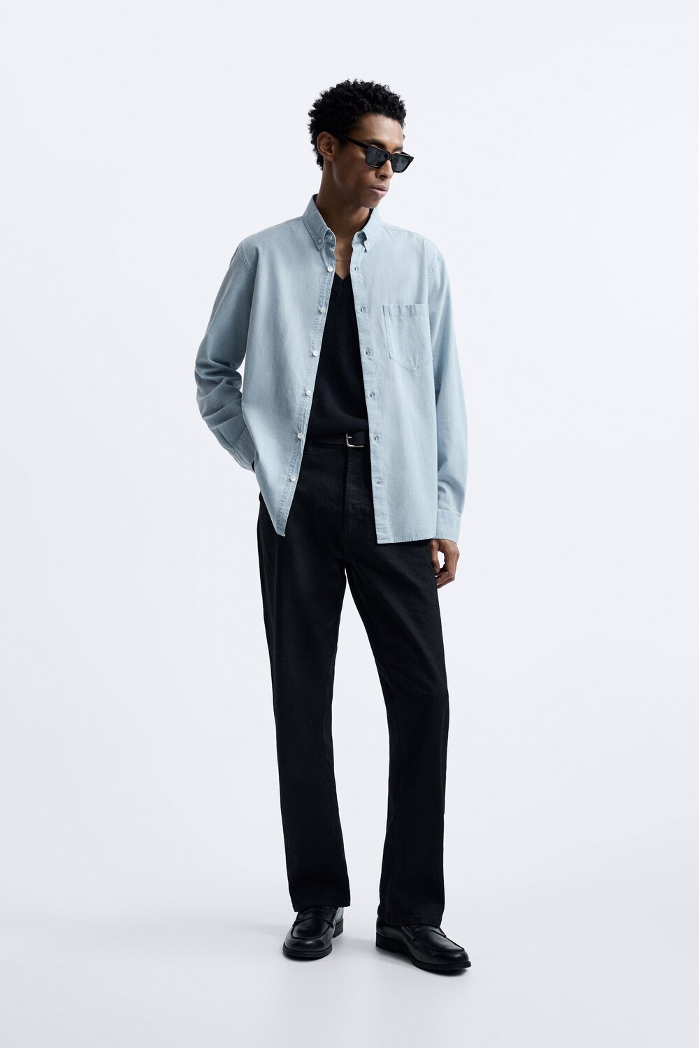

Рубашка из шамбре Zara, небесно-голубой