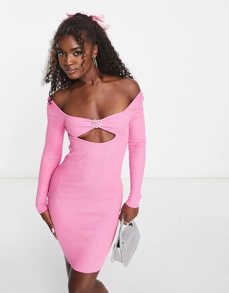 

Розовое трикотажное платье мини в рубчик Miss Selfridge с вырезом в форме сердца и пряжкой с кристаллами
