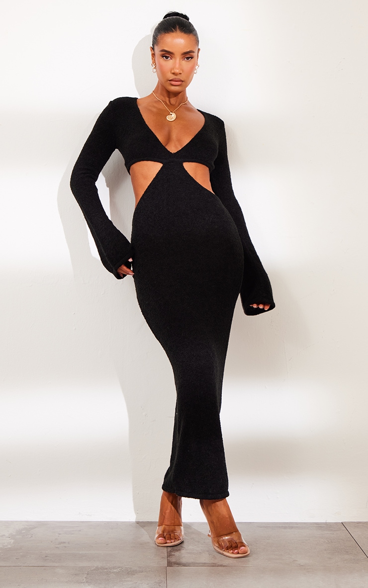 PrettyLittleThing Черное трикотажное платье макси с длинными рукавами и вырезами