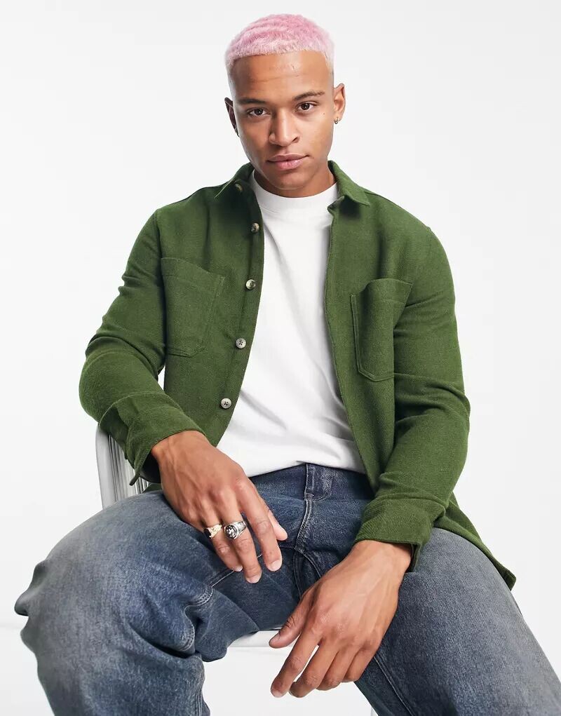 

Оливково-зеленая куртка-рубашка из смесовой шерсти ASOS