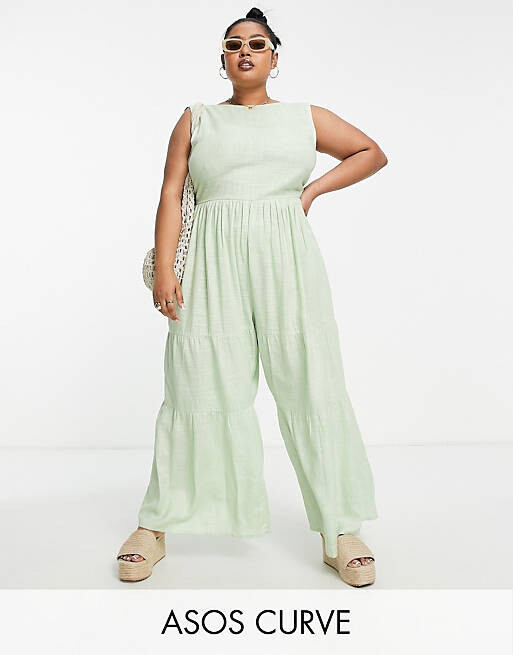 

Светло-шалфейный льняной комбинезон с завязками на спине ASOS DESIGN Curve
