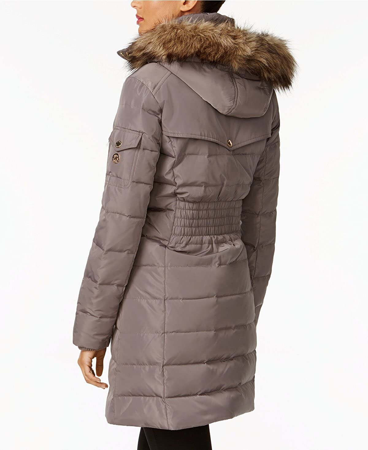 

Michael Michael Kors Женское фланелевое пуховое пальто 3/4 с искусственным мехом и капюшоном, серый