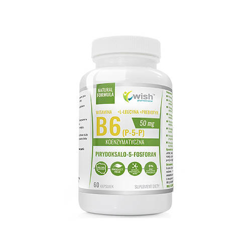 Wish Pharmaceutical, витамин B6 (P-5-P) 50 мг + L-лейцин + пребиотик – 60 капсул
