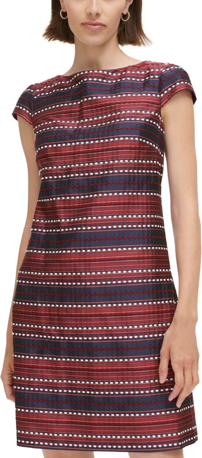 

Жаккардовое платье прямого кроя с короткими рукавами Vince Camuto, цвет Navy Multi