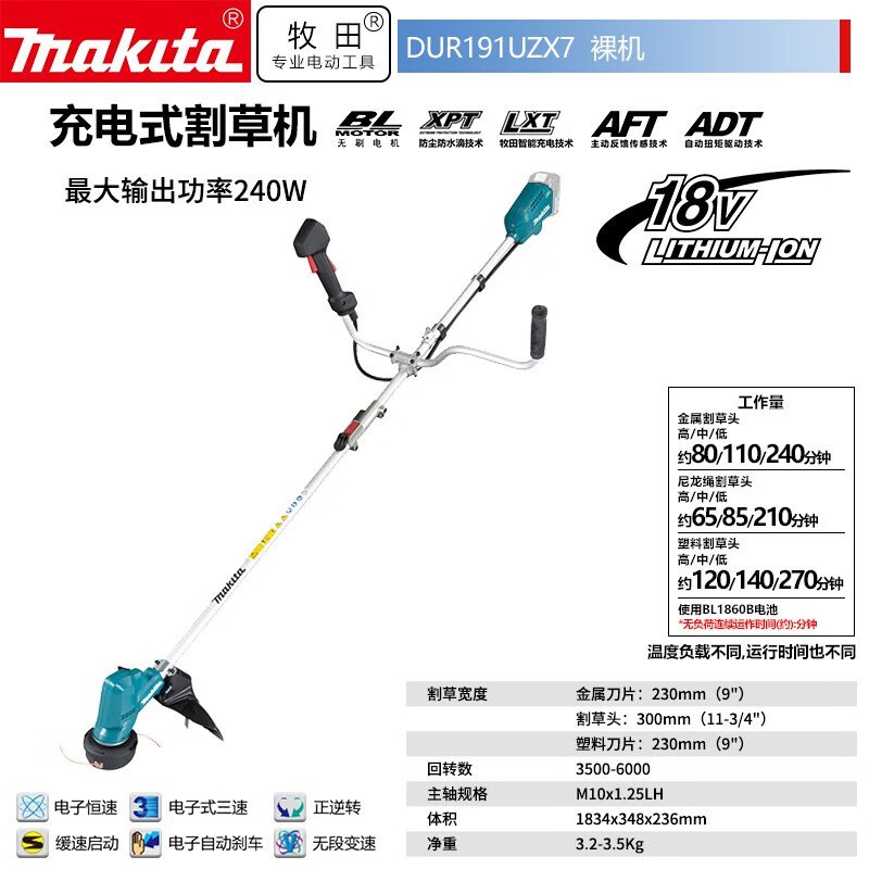 Makita DUR191UZX7 бесщеточная литиевая батарея перезаряжаемая газонокосилка кусторез U-образная ручка модель из голого металла 18В