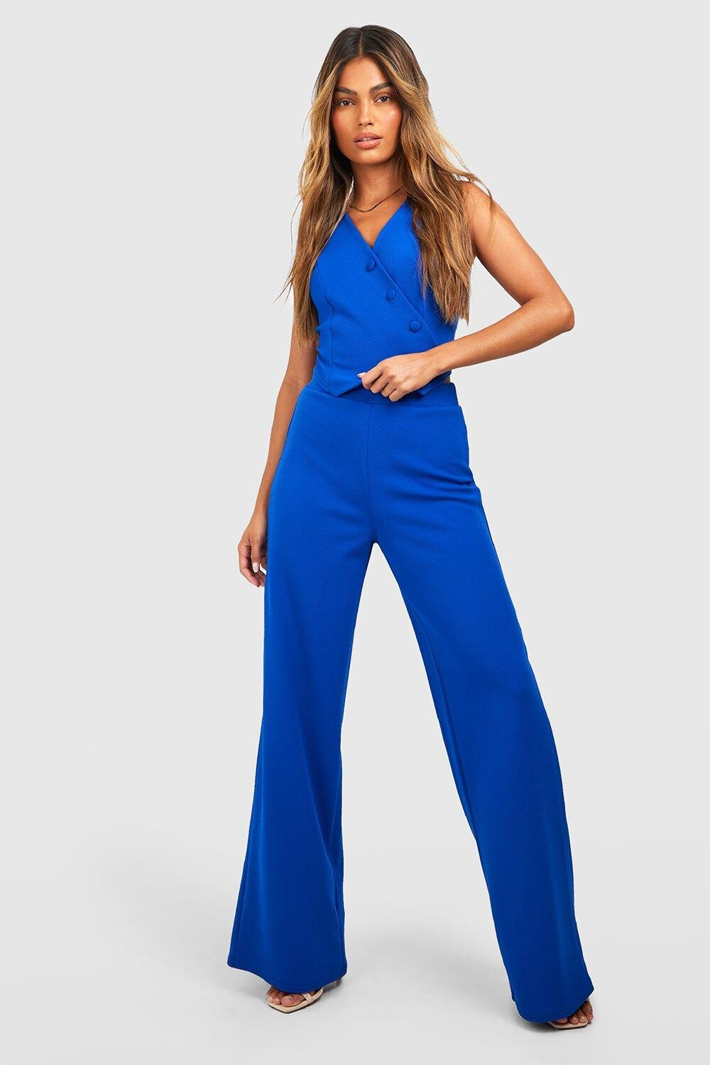 

Асимметричный жилет и широкие брюки из трикотажного крепа Boohoo, кобальтовый