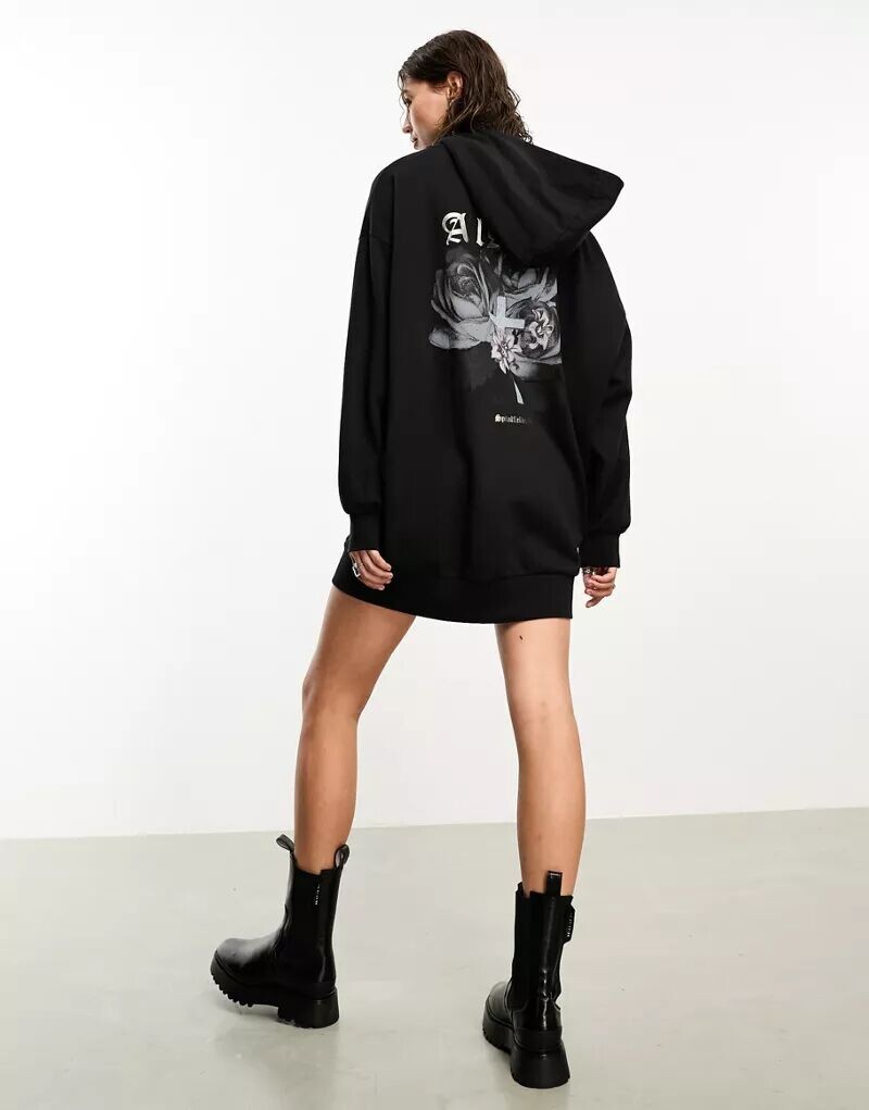 

Эксклюзивное черное платье-худи с графическим принтом на спине AllSaints x ASOS