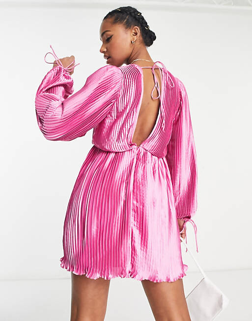 

Розовое атласное платье мини с глубоким вырезом и рукавами-блузонами ASOS DESIGN, Розовый
