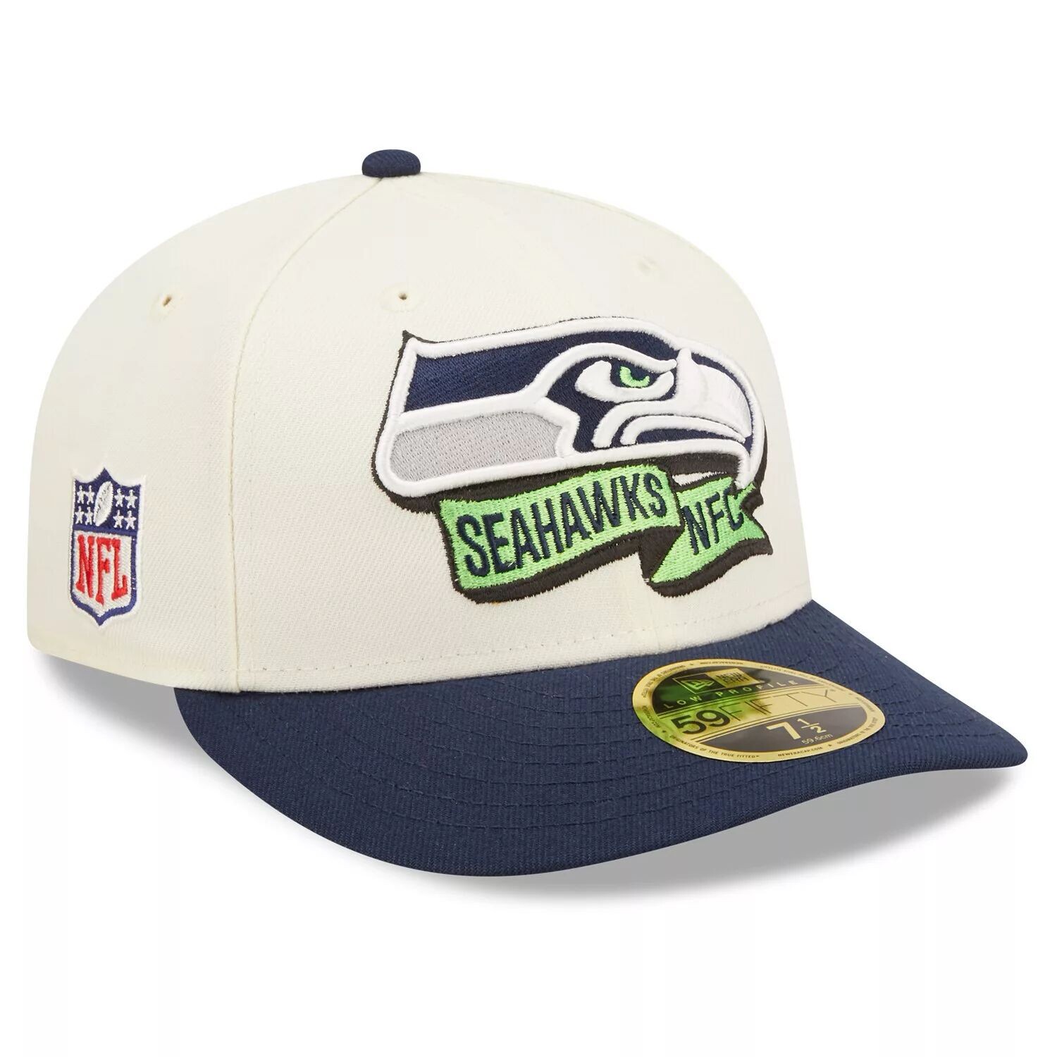 

Мужская кепка New Era кремового/темно-синего цвета Seattle Seahawks 2022 Sideline Low Profile 59FIFTY Облегающая шляпа
