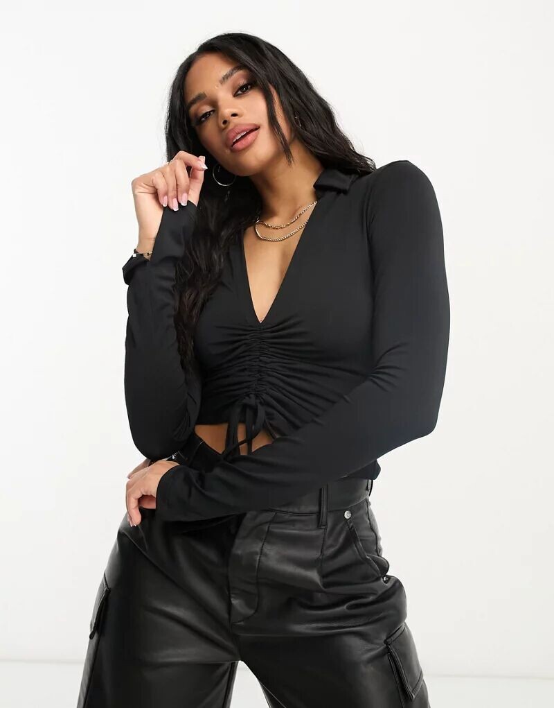 

Черная рубашка с длинными рукавами и рюшами ASOS