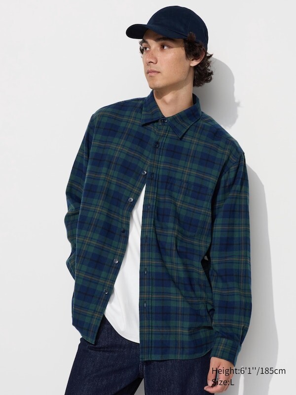 

Фланелевая рубашка обычный воротник, клетчатый Uniqlo, зеленый