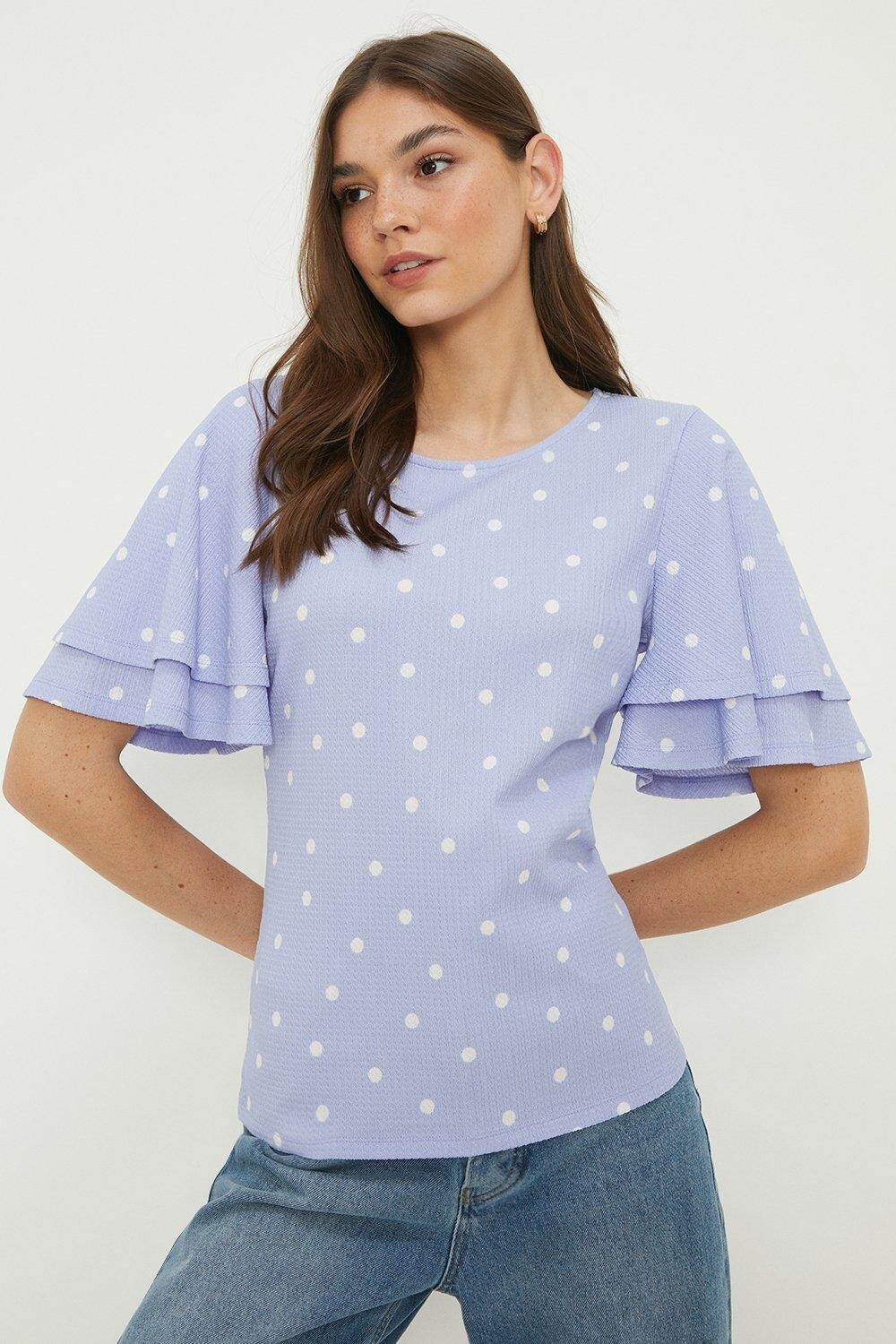 

Топ с двойными оборками и рукавами с принтом Dorothy Perkins, синий