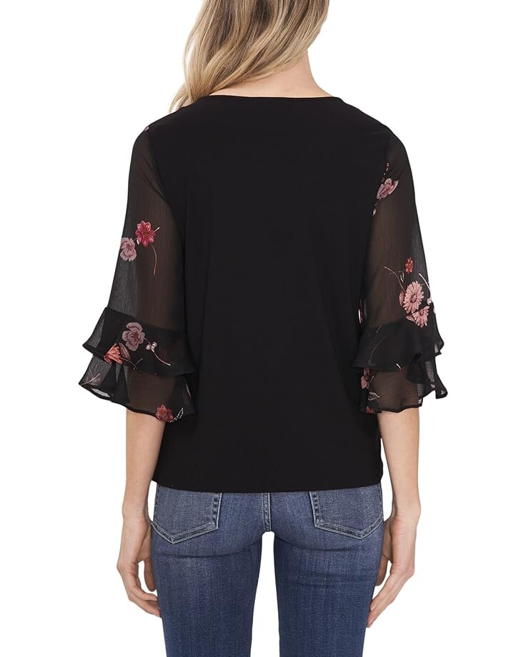 

Топ CeCe Mixed Media Ruffle Sleeve Top, цвет Rich Black