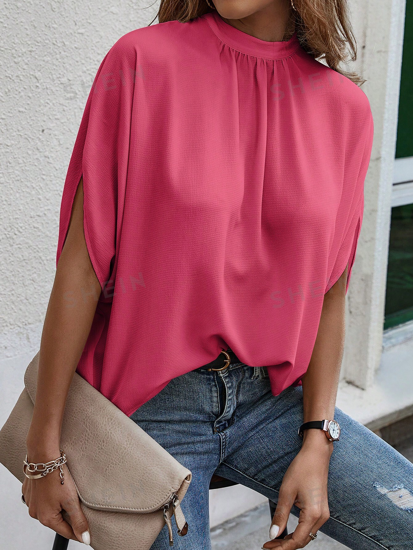 Женская однотонная рубашка с воротником-стойкой и половиной рукава, ярко-розовый