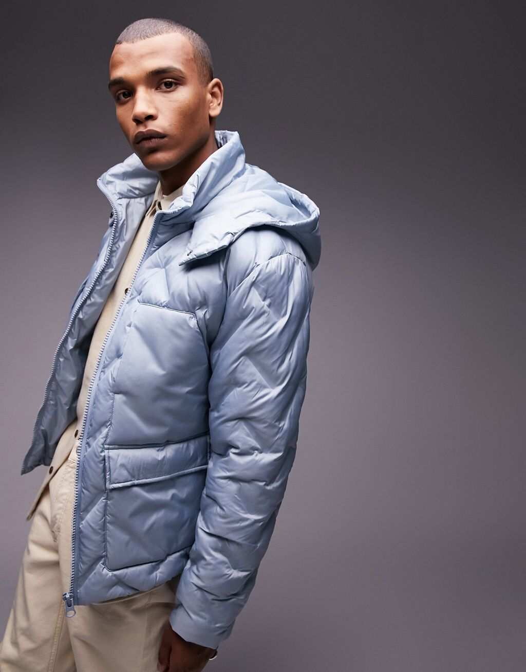 

Голубая куртка-пуховик с капюшоном Topman, Синий