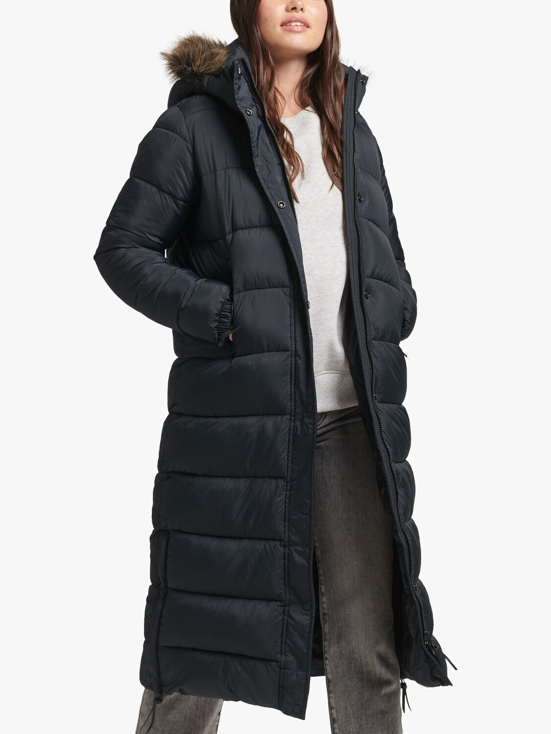 

Удлиненный пуховик с капюшоном из искусственного меха Superdry, угольно-черный
