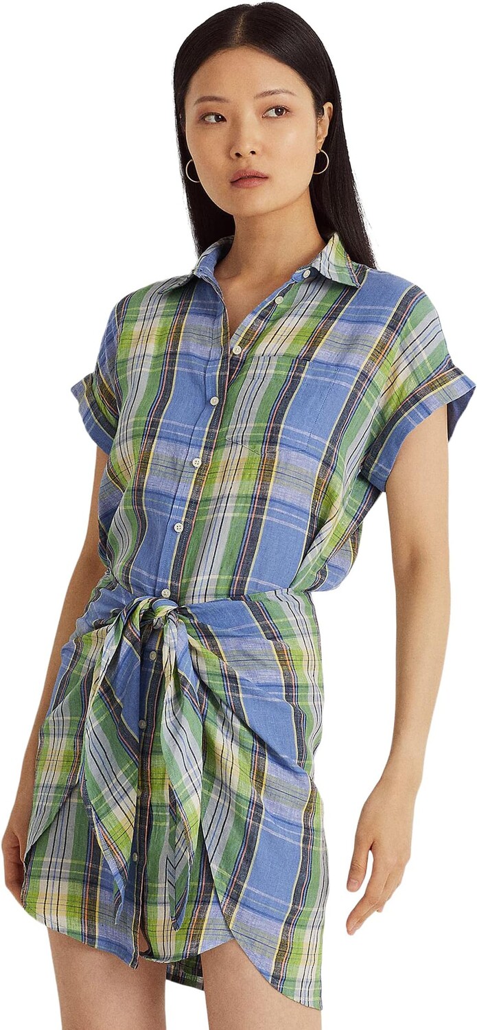 

Льняное платье-рубашка в клетку Petite с завязкой спереди LAUREN Ralph Lauren, цвет Blue Multi