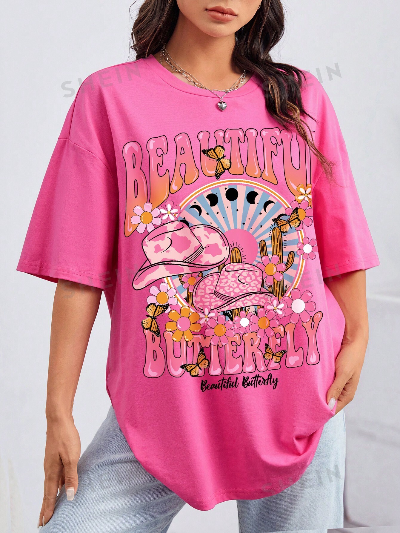 SHEIN EZwear Повседневная женская футболка свободного кроя с круглым вырезом и короткими рукавами с узором акулы, розовый
