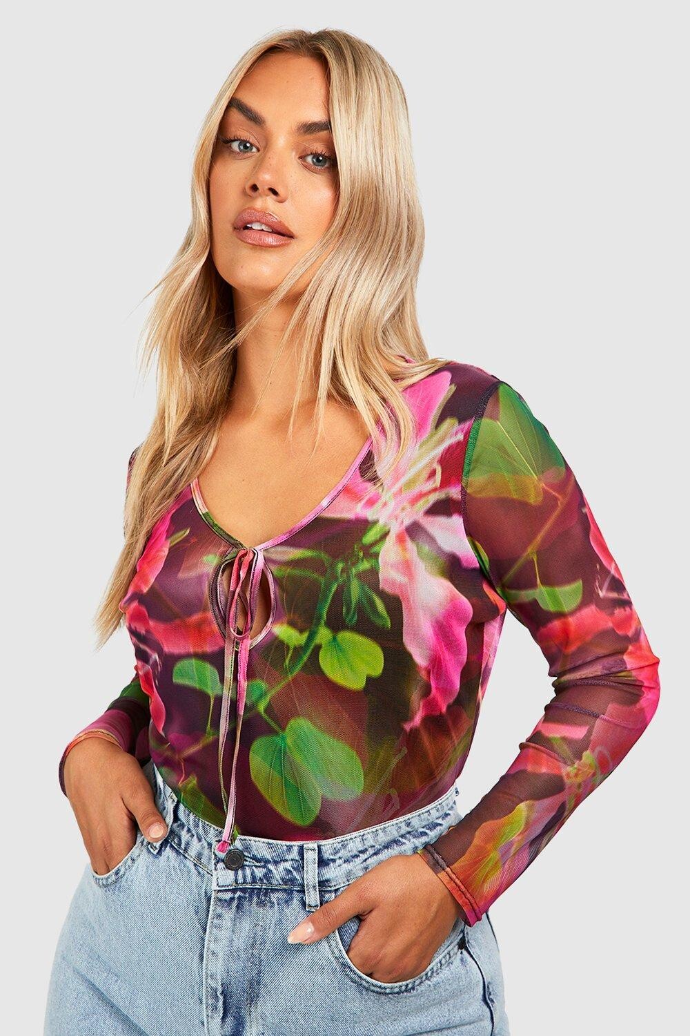 

Боди с цветочным цветочным отделком plus tie front Boohoo, черный