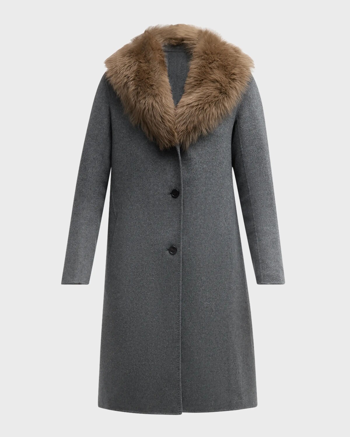 

Двустороннее пальто из кашемира и ягненка Neiman Marcus Cashmere Collection, цвет Heather Grey With Sable Fur