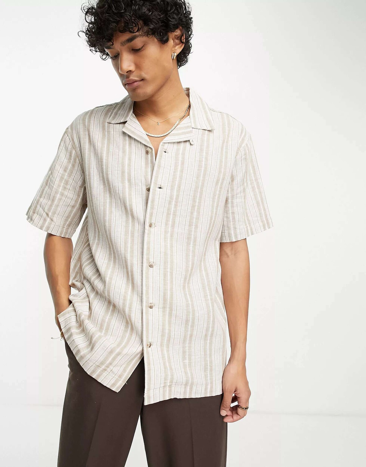 

PacSun bodhi Resort льняная рубашка с короткими рукавами в коричневую и белую полоску