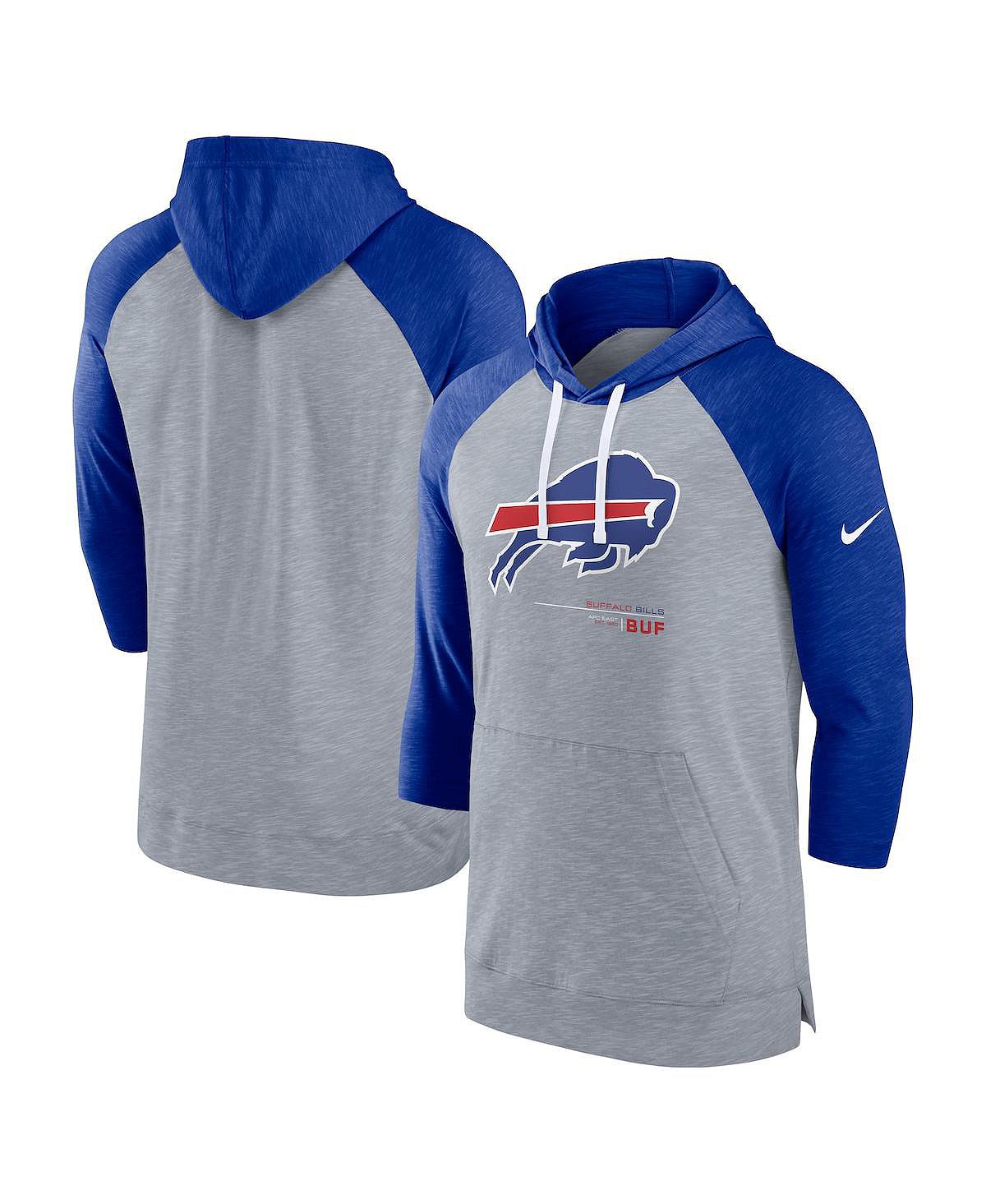 цена Мужской пуловер с капюшоном с рукавами 3/4 Heather Grey, Heather Royal Buffalo Bills реглан Nike