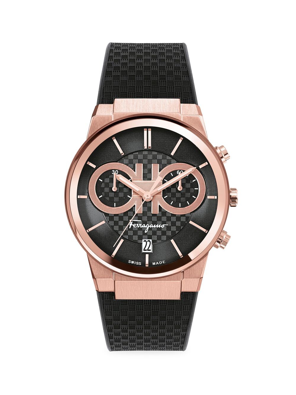 

Часы FERRAGAMO с сапфировым стеклом Chrono из розового золота с ремешком FERRAGAMO, черный
