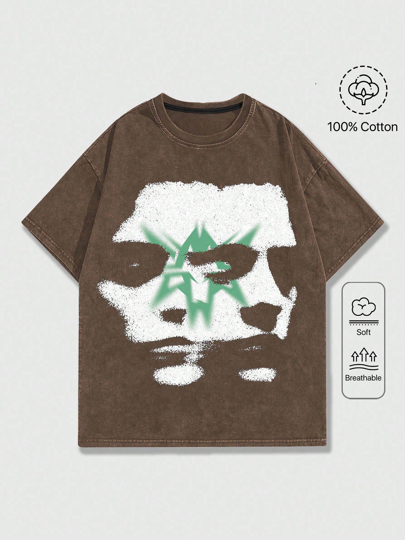цена Мужская стираная футболка ROMWE Goth с размытым портретным принтом, кофейный коричневый