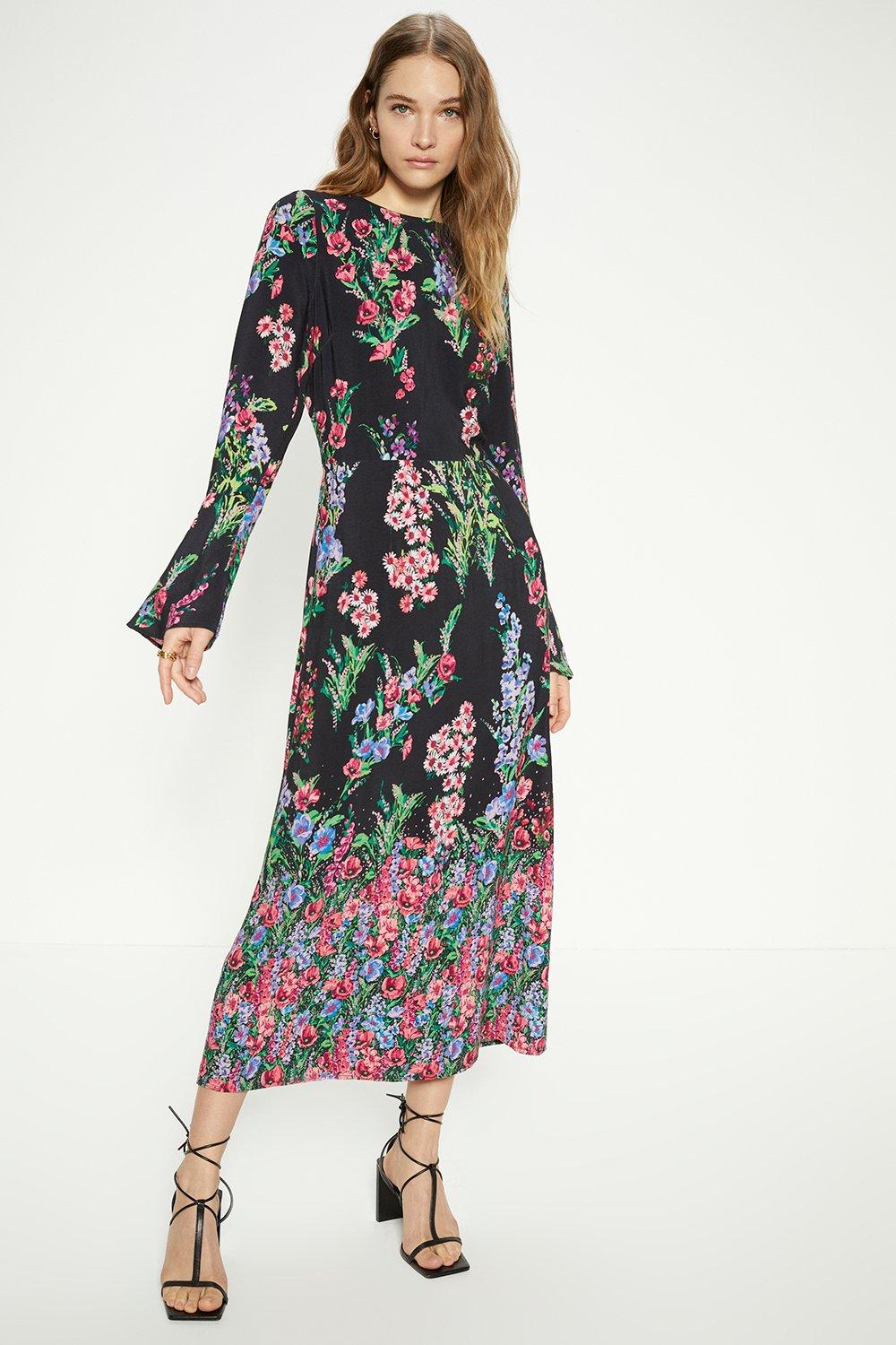 Платье миди с цветочным принтом и каймой Oasis, черный фото