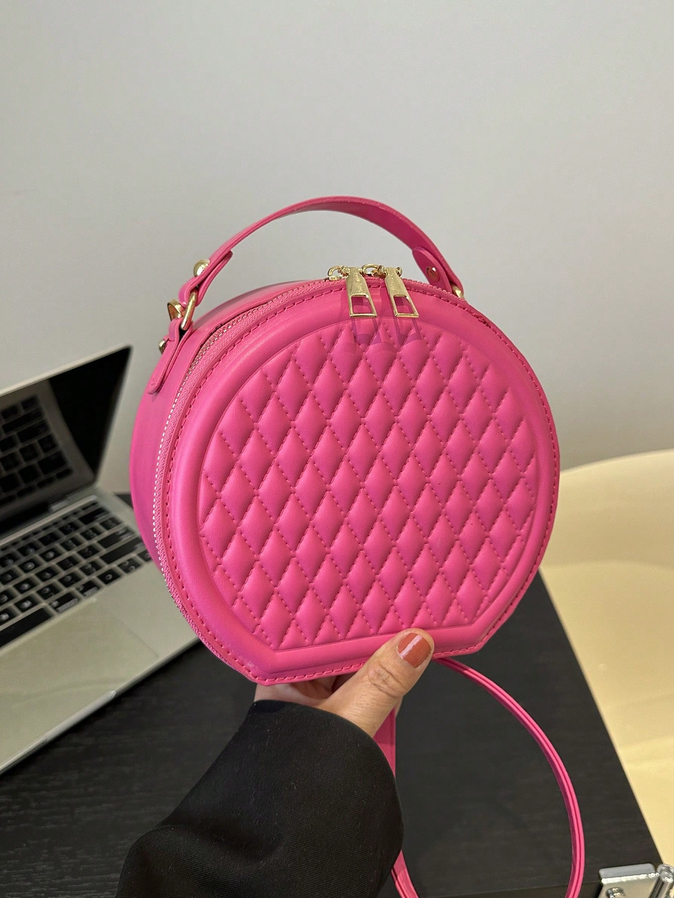 Мини-круглая сумка через плечо, женская сумка с ручкой сверху, ярко-розовый