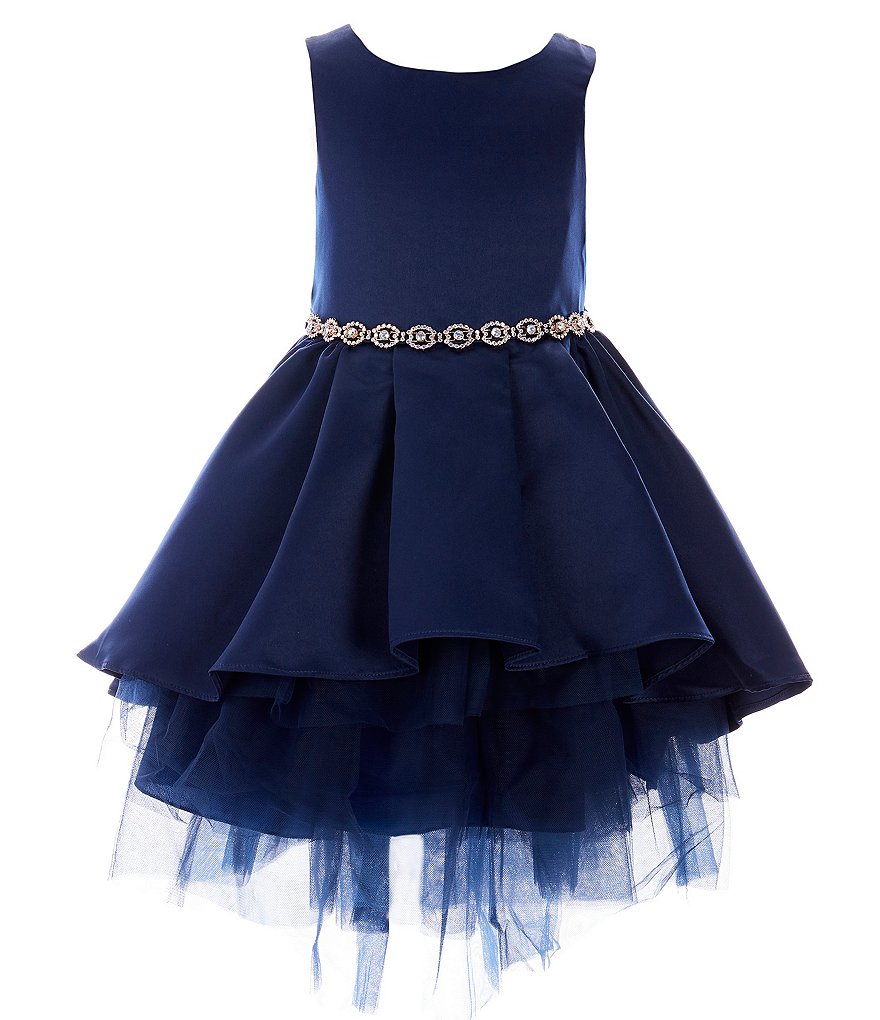 Rare Editions Атласное вечернее платье с низкой посадкой и отделкой стразами для маленьких девочек 2T-6X, синий