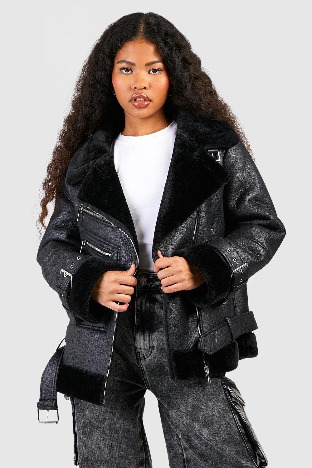 

Куртка-авиатор Petite с отделкой из искусственного меха boohoo, черный