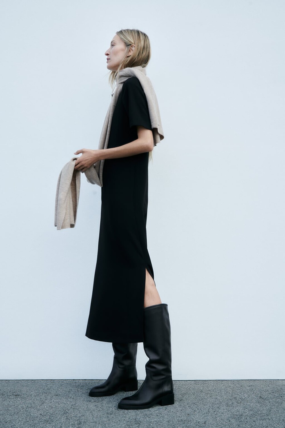 

Кожаные сапоги до колена ZARA, черный