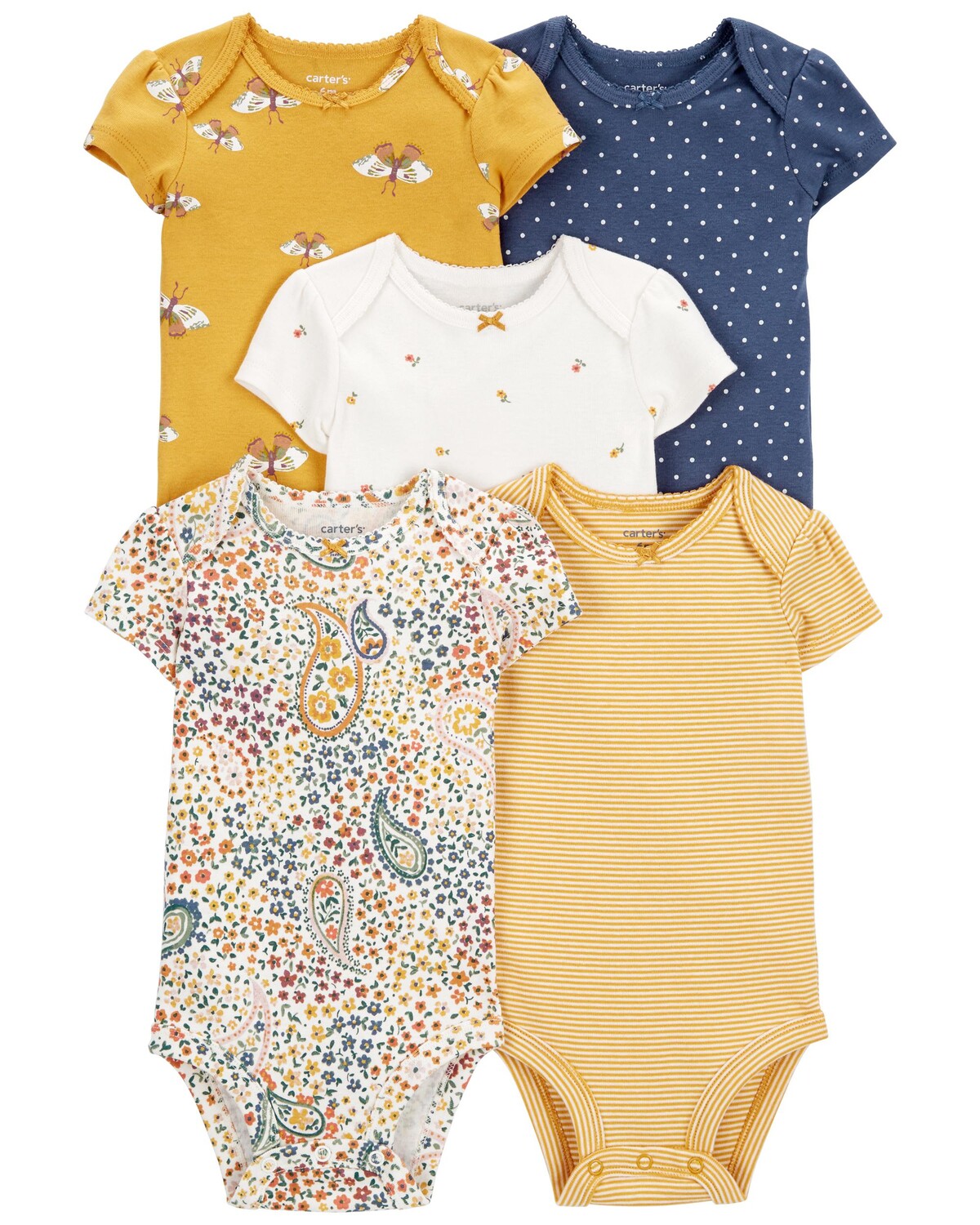 

Комплект из 5 оригинальных боди с короткими рукавами для малышей Carter's, желтый/белый/темно-синий